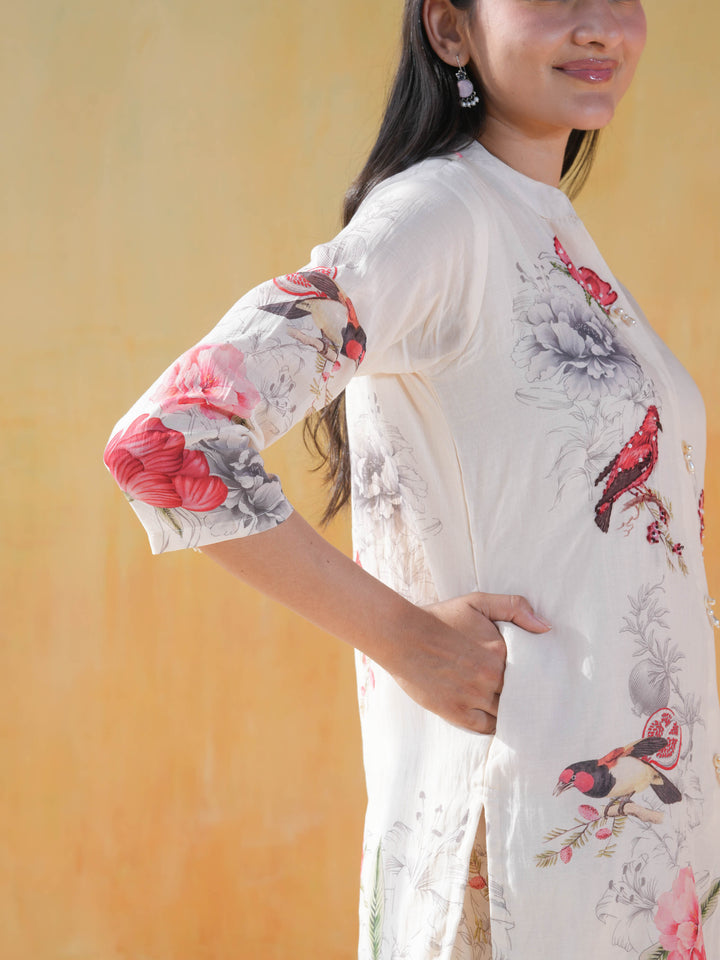 White Bird Motif Cotton Co-ord Set