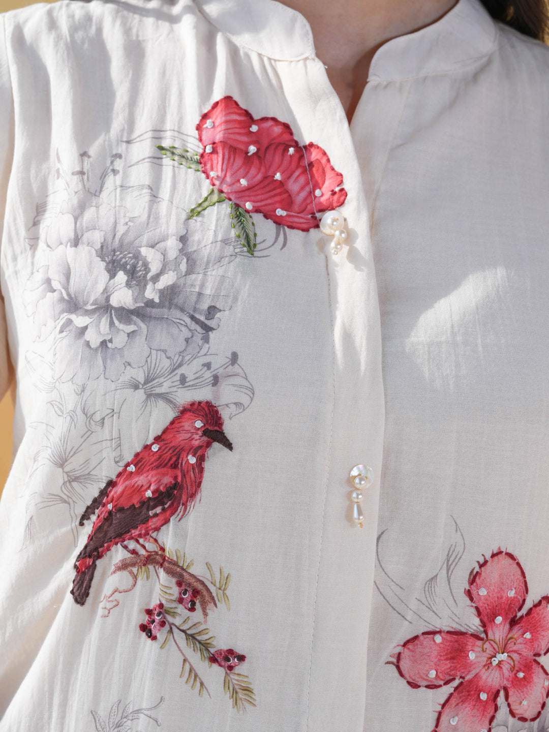 White Bird Motif Cotton Co-ord Set