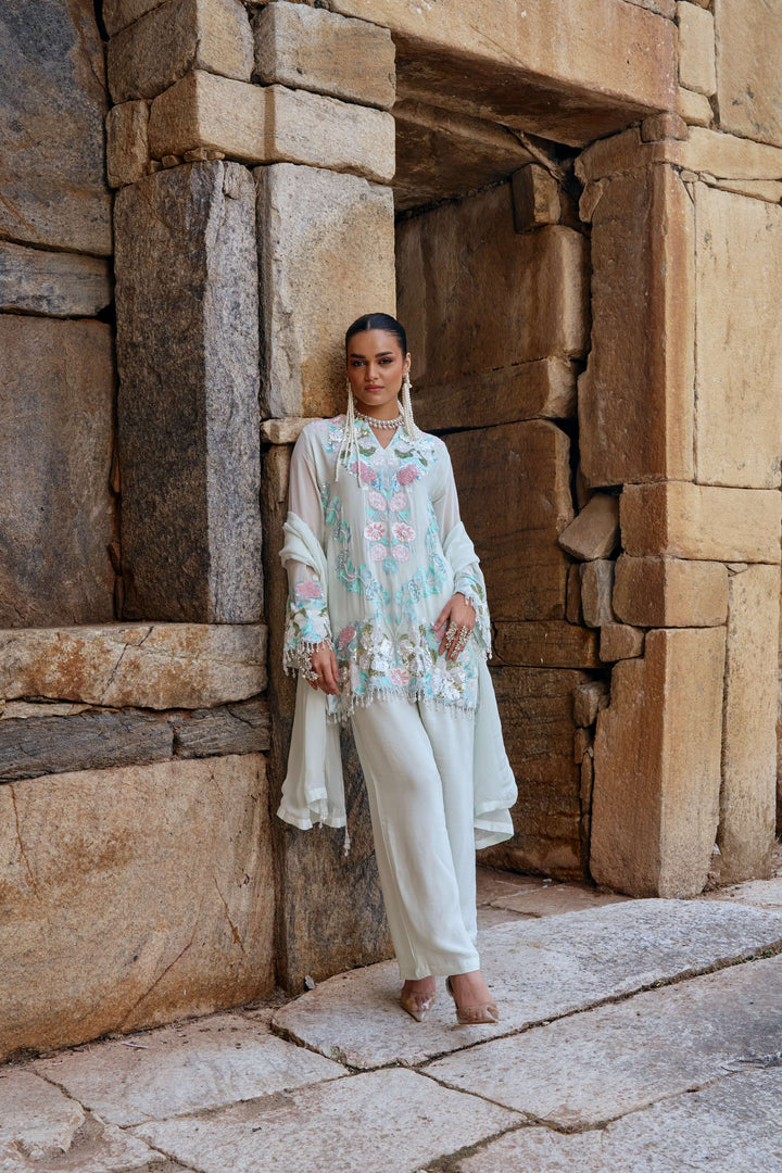 Mint Bloom Embroidered Organza Kurta Set