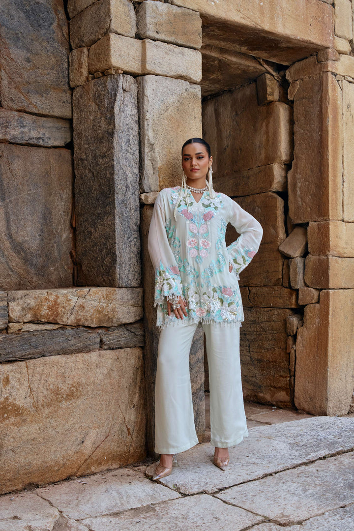 Mint Bloom Embroidered Organza Kurta Set