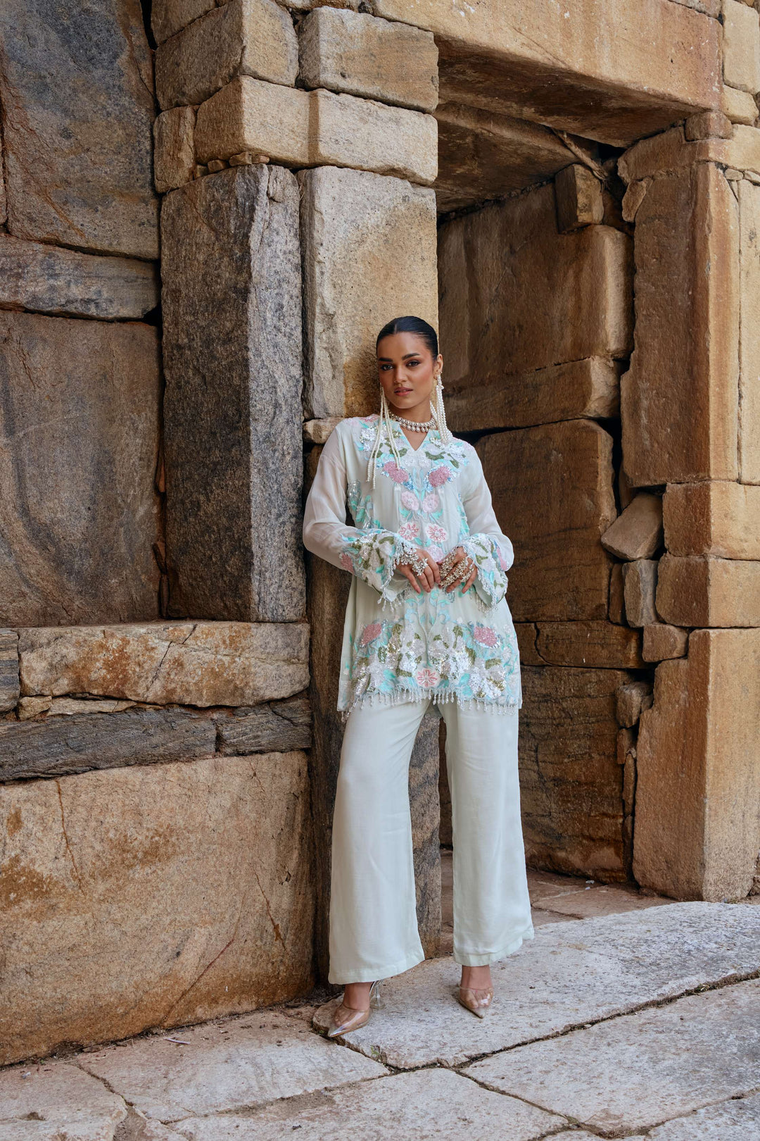 Mint Bloom Embroidered Organza Kurta Set