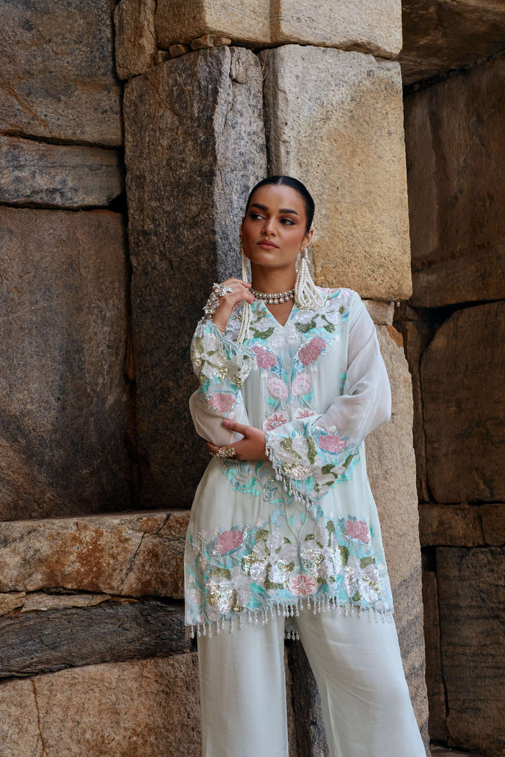 Mint Bloom Embroidered Organza Kurta Set