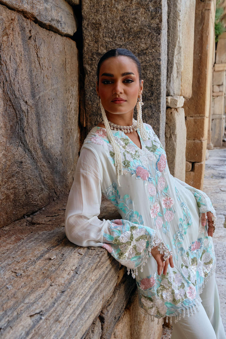 Mint Bloom Embroidered Organza Kurta Set