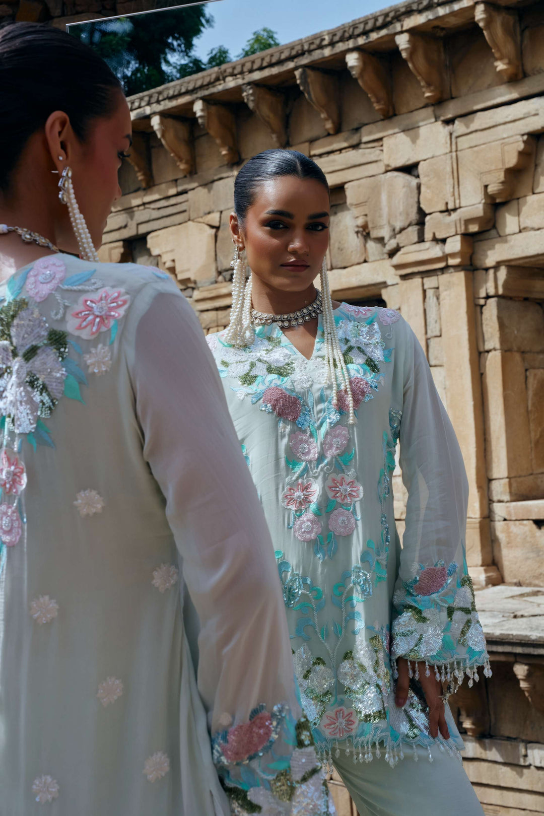 Mint Bloom Embroidered Organza Kurta Set