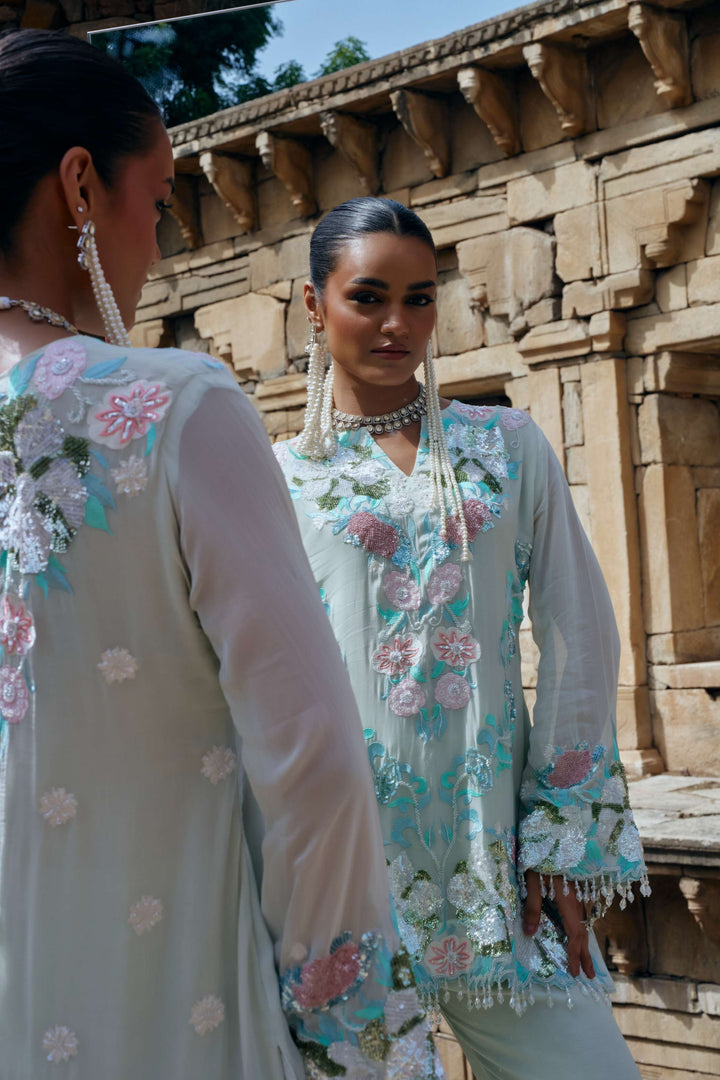 Mint Bloom Embroidered Organza Kurta Set