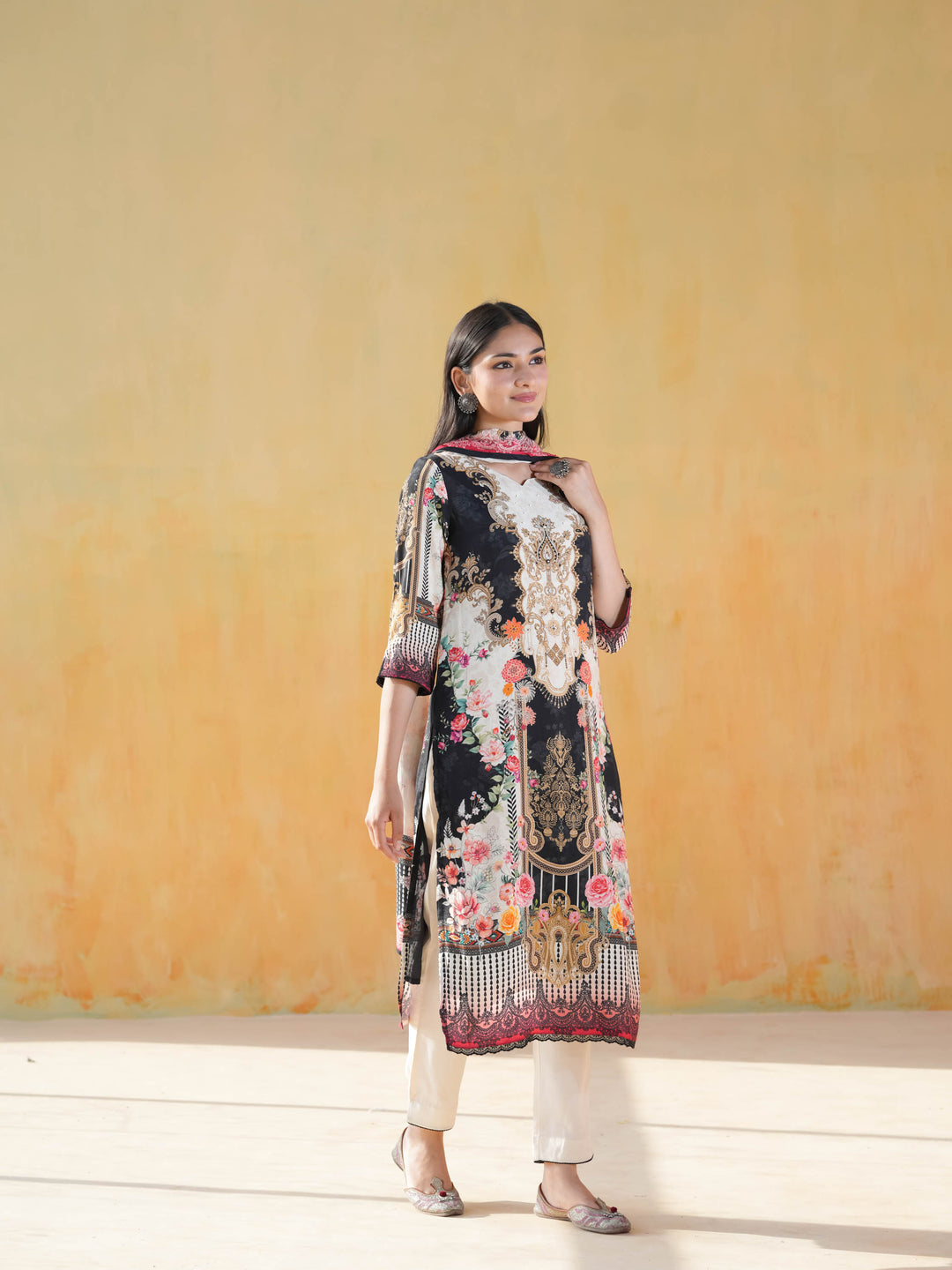 Black & Cream Print Muslin Suit Set