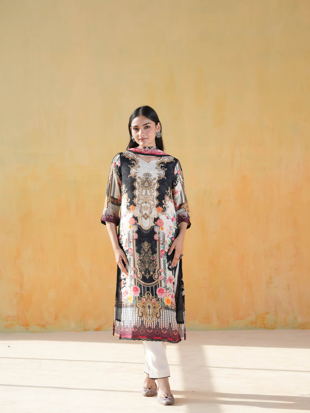 Black & Cream Print Muslin Suit Set