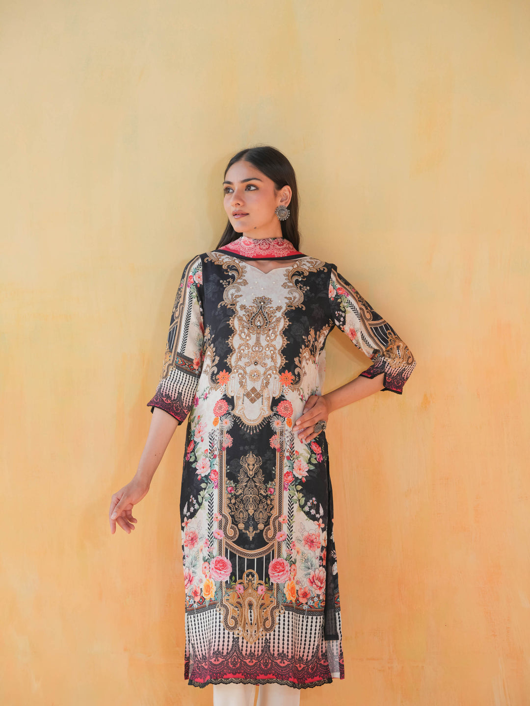 Black & Cream Print Muslin Suit Set