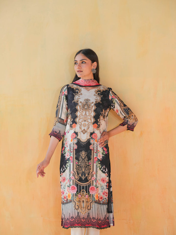 Black & Cream Print Muslin Suit Set