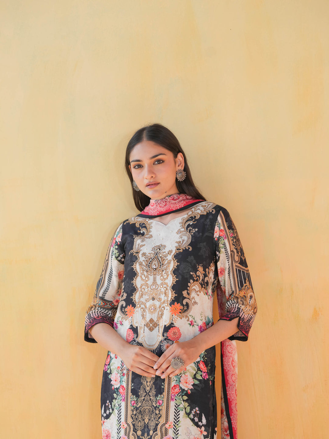 Black & Cream Print Muslin Suit Set