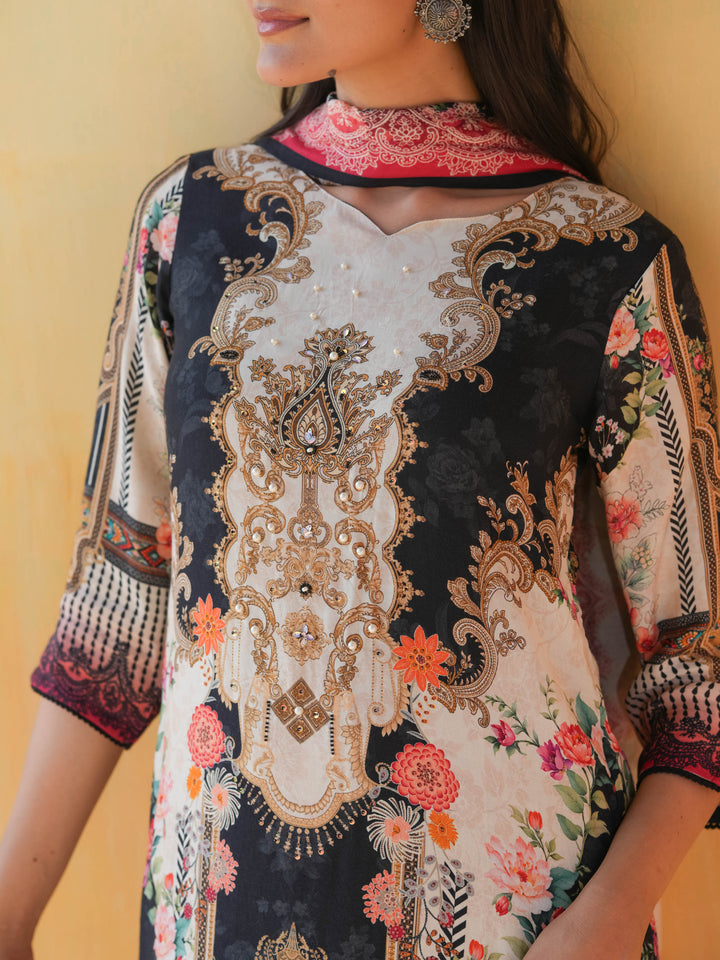 Black & Cream Print Muslin Suit Set