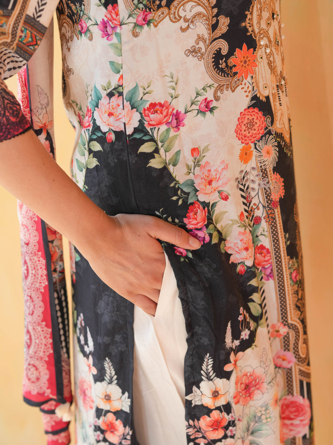 Black & Cream Print Muslin Suit Set