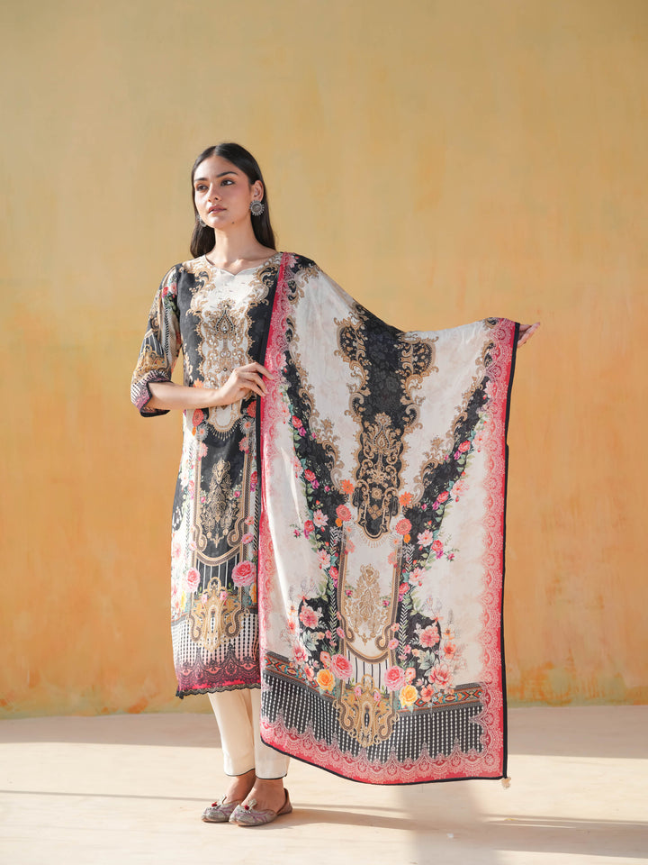 Black & Cream Print Muslin Suit Set
