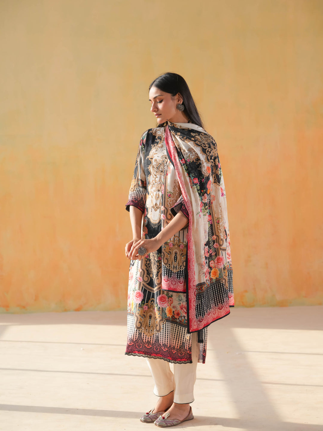 Black & Cream Print Muslin Suit Set