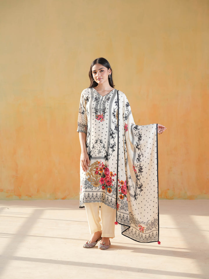 White V-Neck Floral Muslin Cotton Suit Set