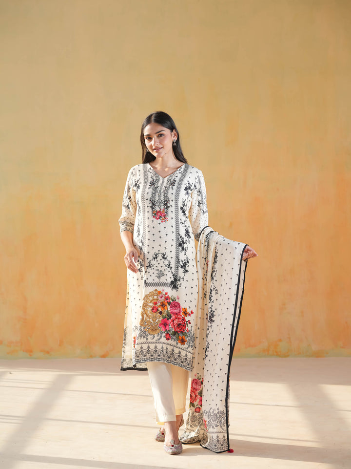 White V-Neck Floral Muslin Cotton Suit Set