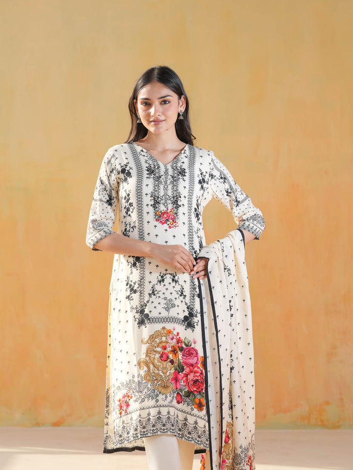 White V-Neck Floral Muslin Cotton Suit Set