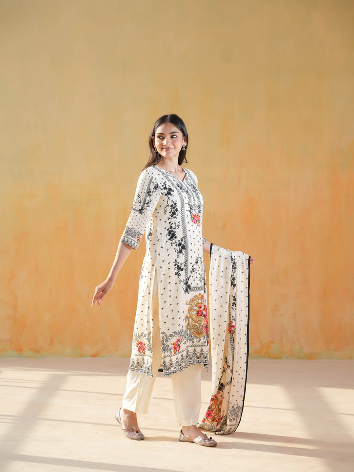 White V-Neck Floral Muslin Cotton Suit Set