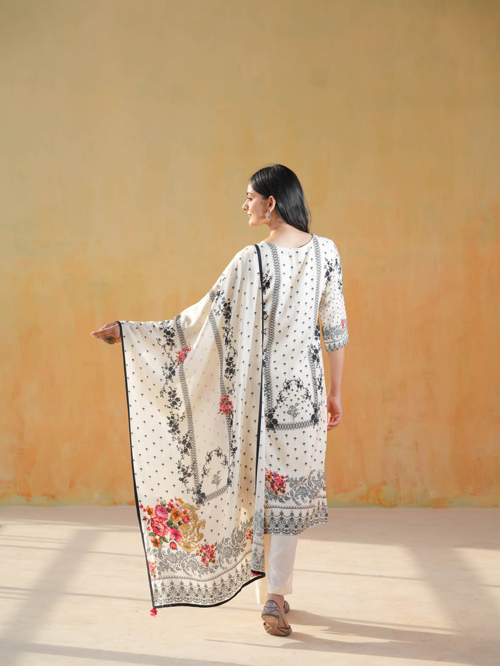 White V-Neck Floral Muslin Cotton Suit Set