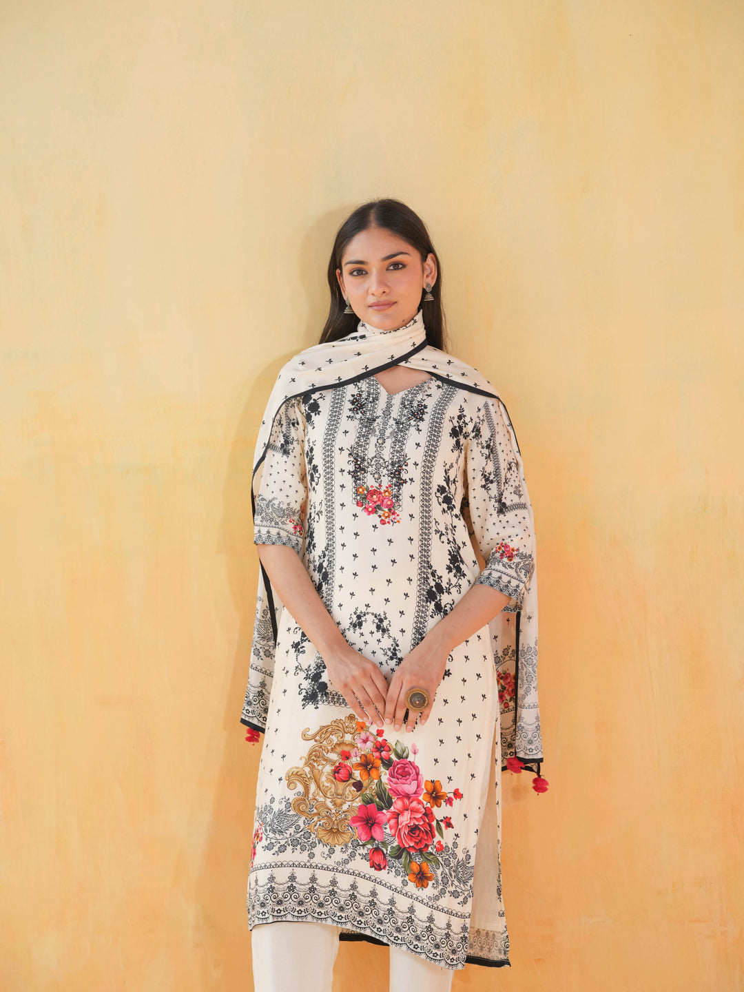 White V-Neck Floral Muslin Cotton Suit Set