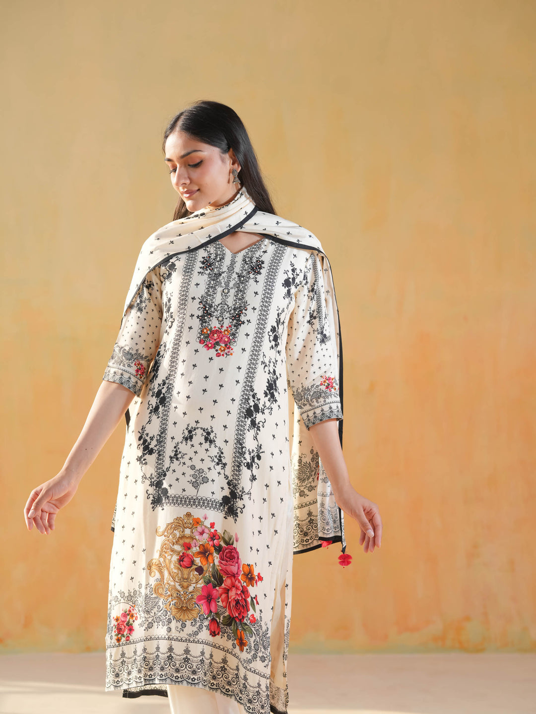 White V-Neck Floral Muslin Cotton Suit Set