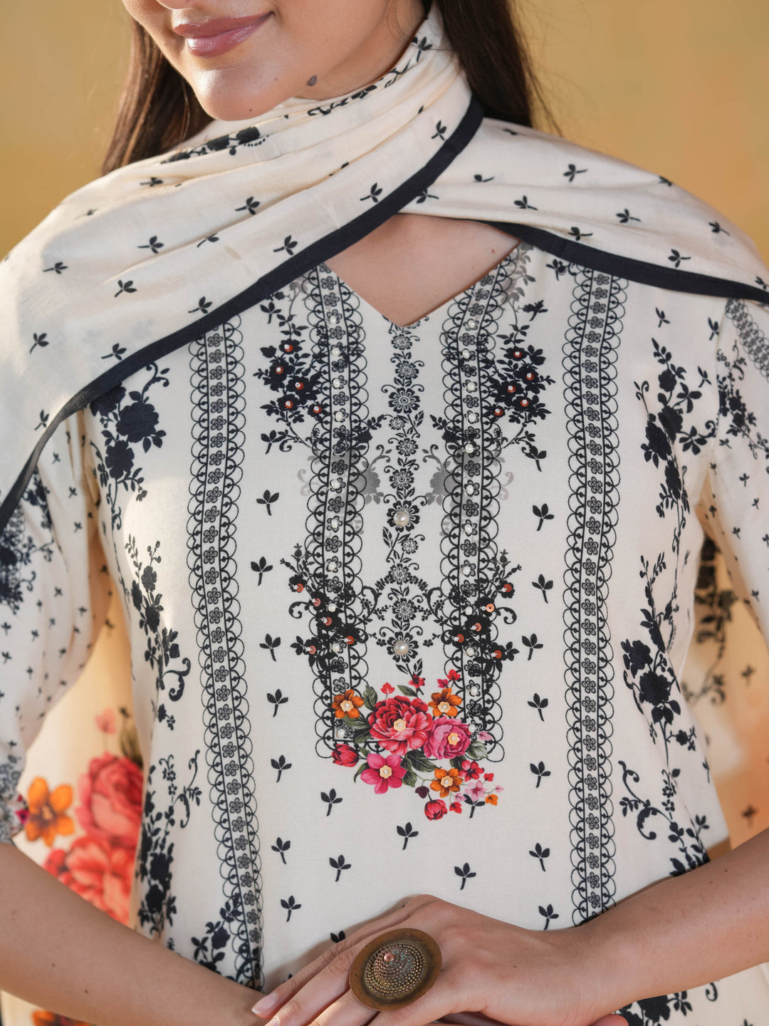 White V-Neck Floral Muslin Cotton Suit Set