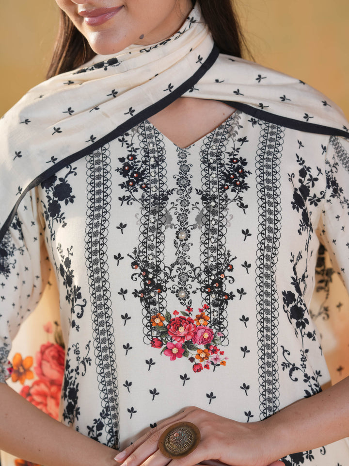 White V-Neck Floral Muslin Cotton Suit Set