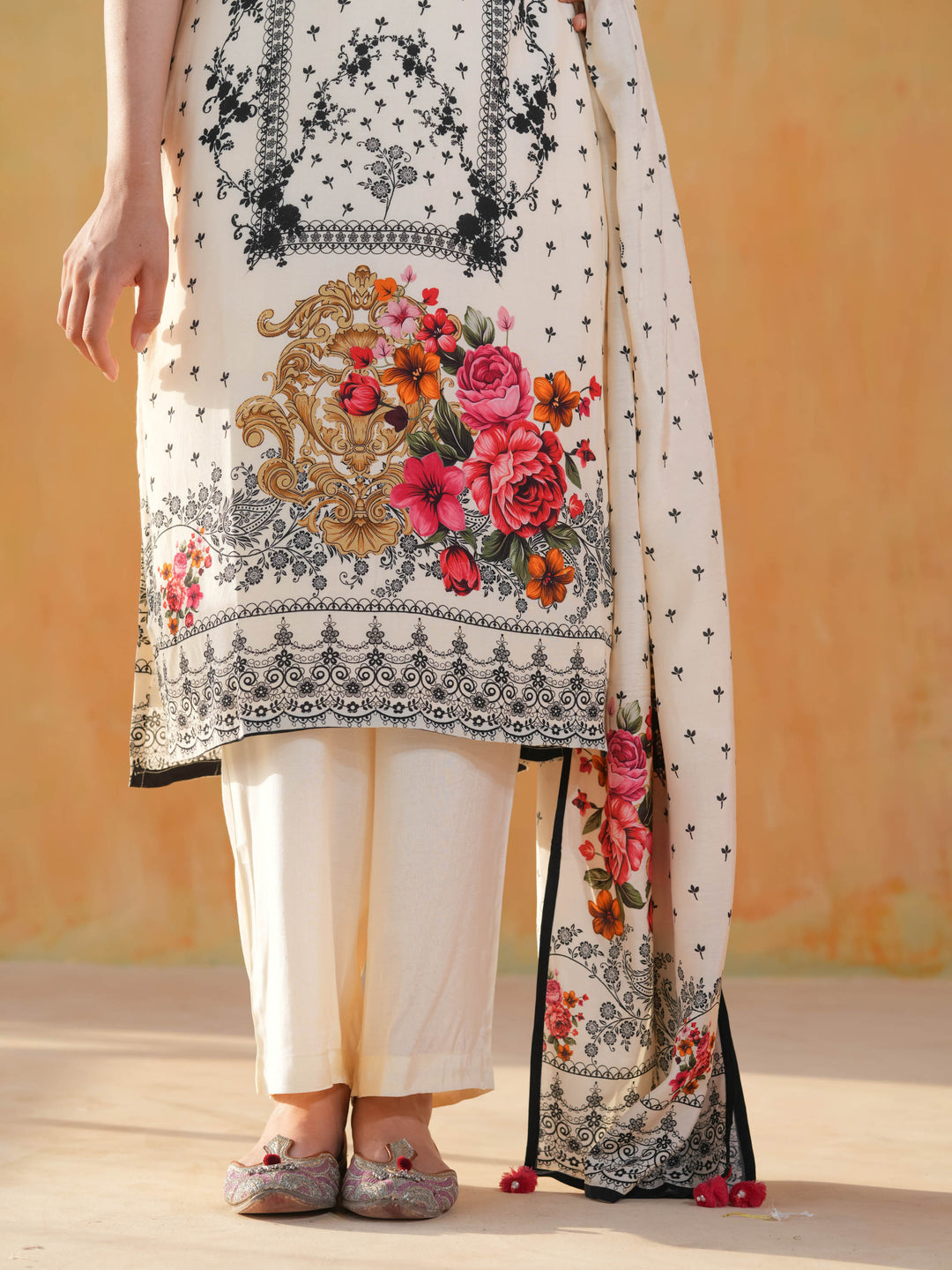 White V-Neck Floral Muslin Cotton Suit Set