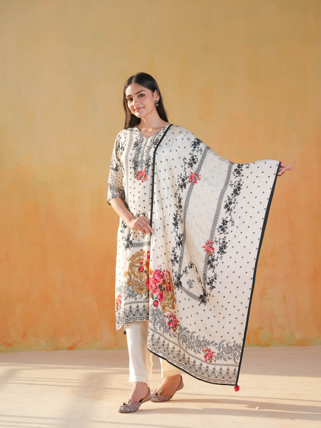 White V-Neck Floral Muslin Cotton Suit Set