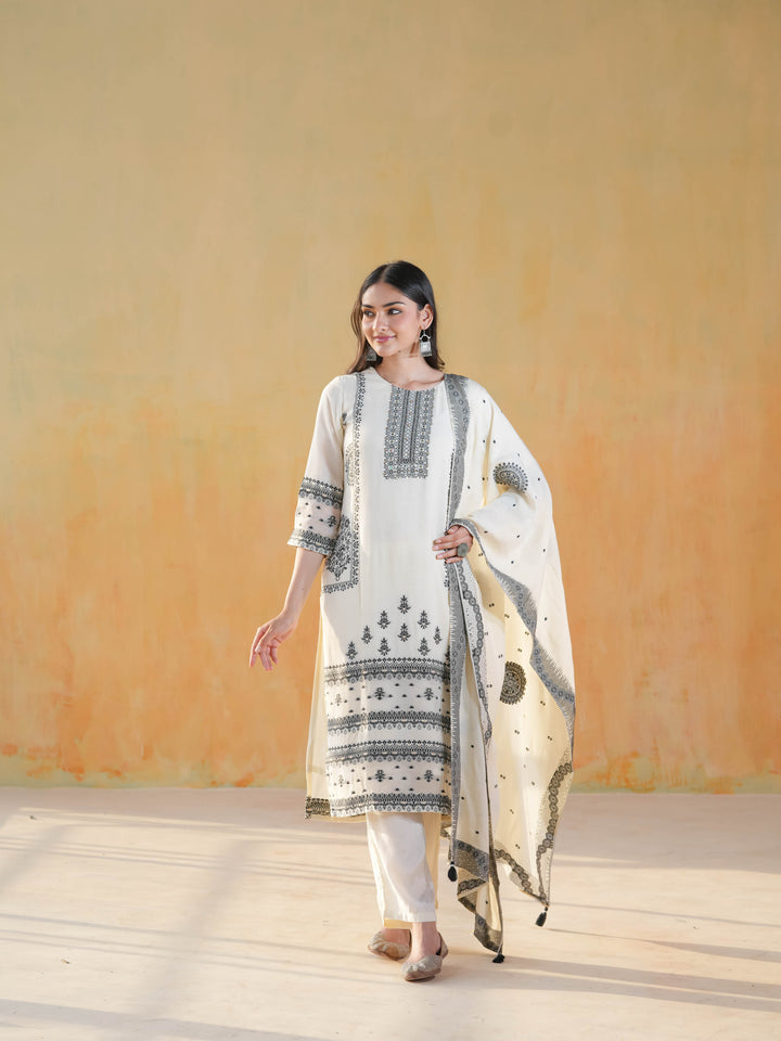 White & Black Geometric Premium Cotton Suit Set