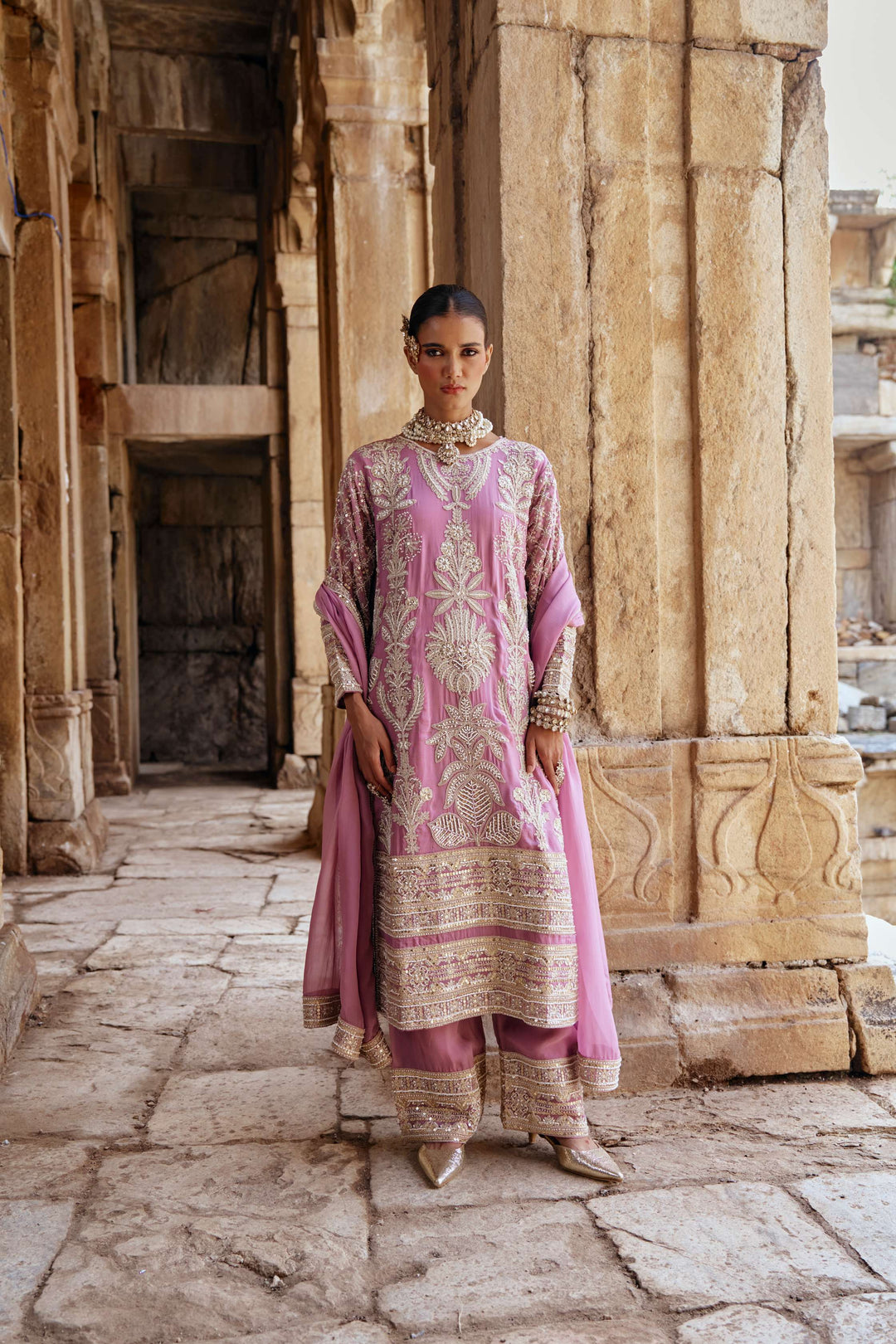 Baby Pink  Zari Embroidered Festive Suit Set