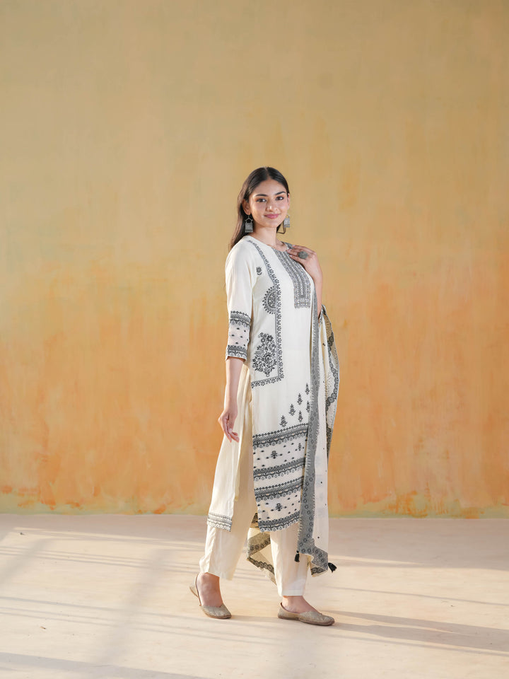 White & Black Geometric Premium Cotton Suit Set