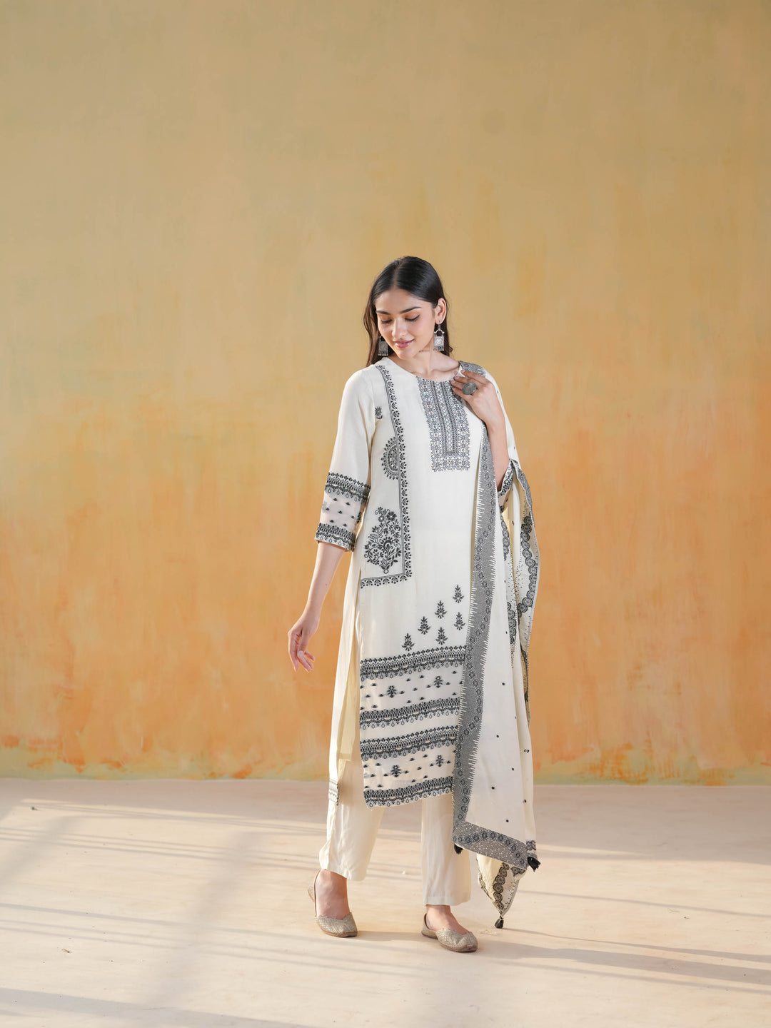 White & Black Geometric Premium Cotton Suit Set