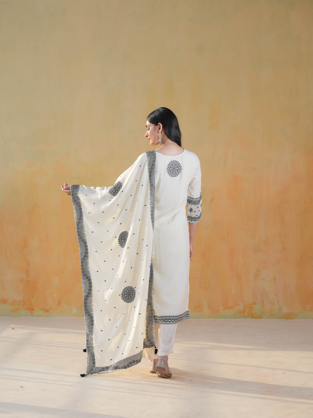 White & Black Geometric Premium Cotton Suit Set