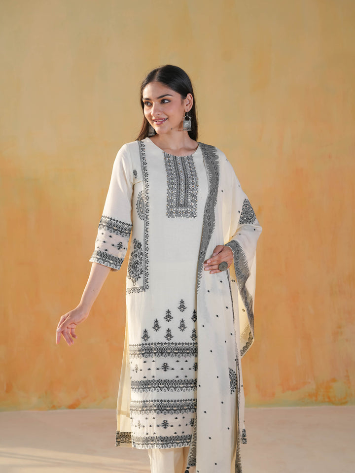 White & Black Geometric Premium Cotton Suit Set