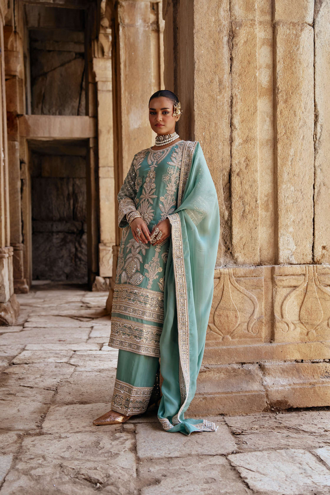 Sage Green Zari Embroidered Festive Suit Set