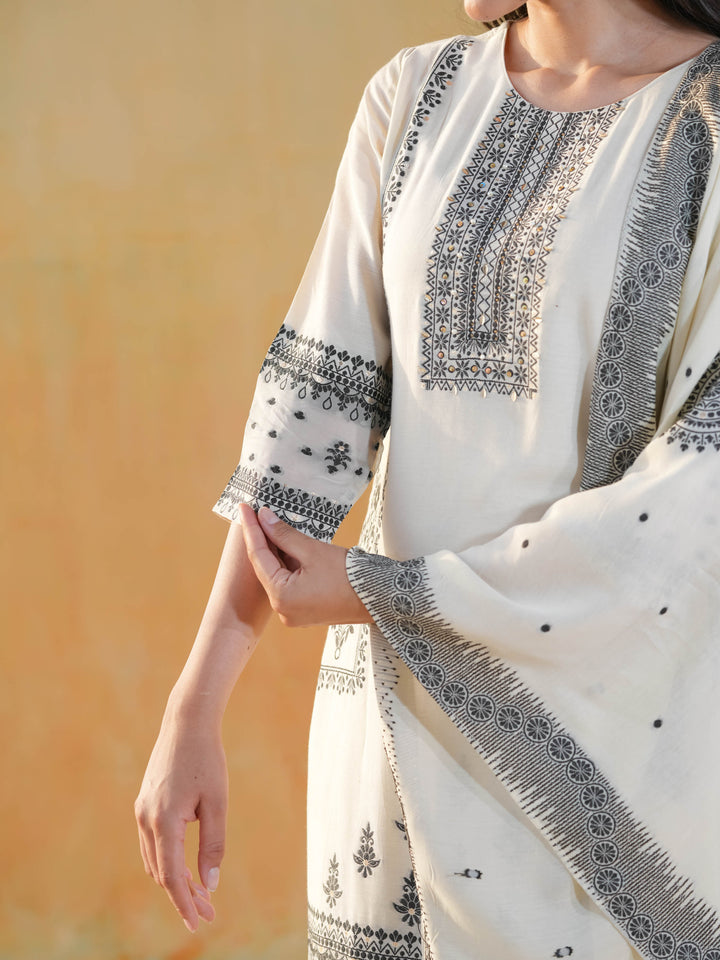 White & Black Geometric Premium Cotton Suit Set