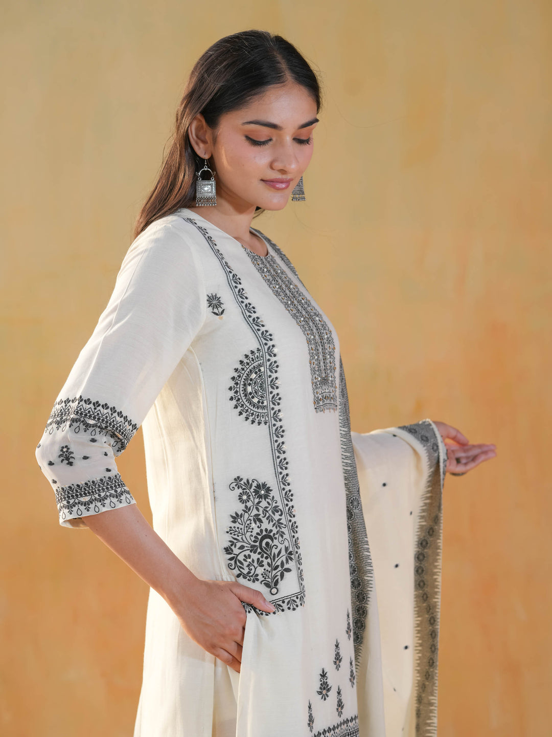 White & Black Geometric Premium Cotton Suit Set