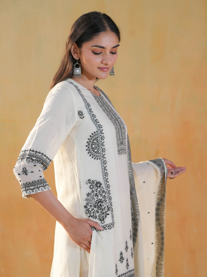 White & Black Geometric Premium Cotton Suit Set