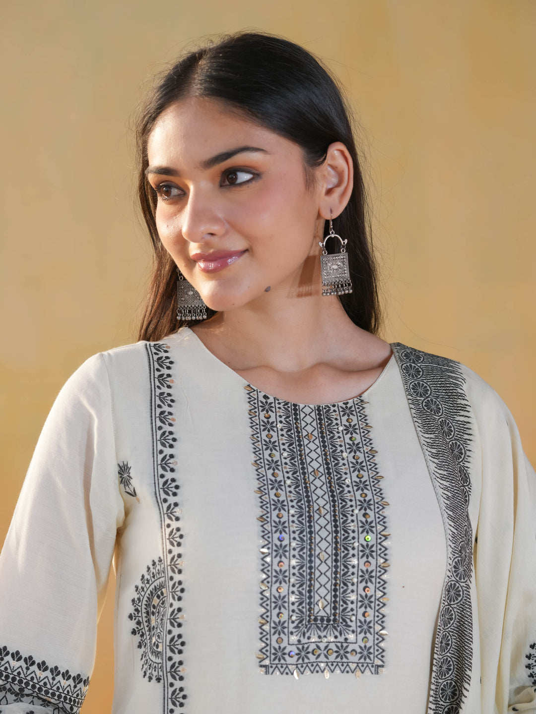 White & Black Geometric Premium Cotton Suit Set