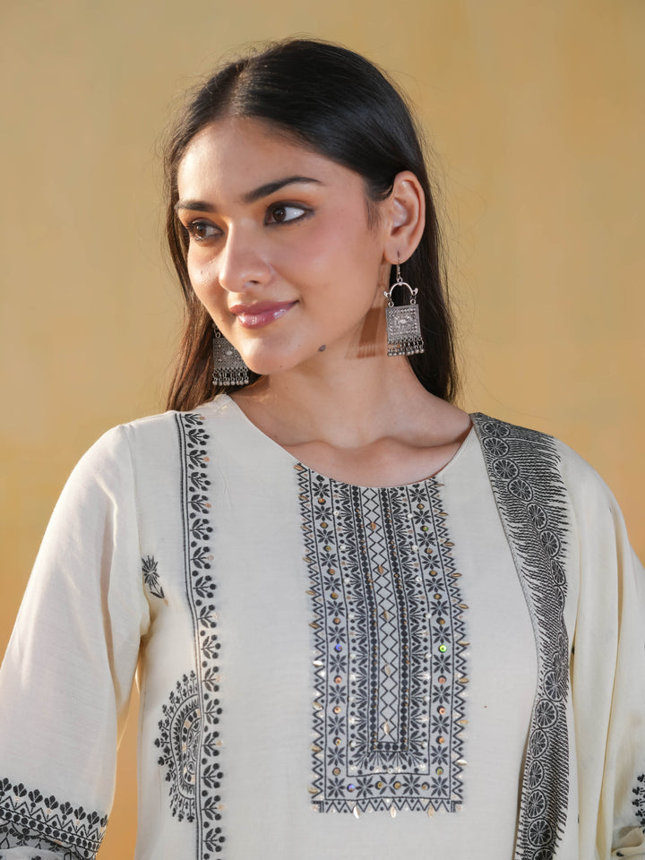 White & Black Geometric Premium Cotton Suit Set