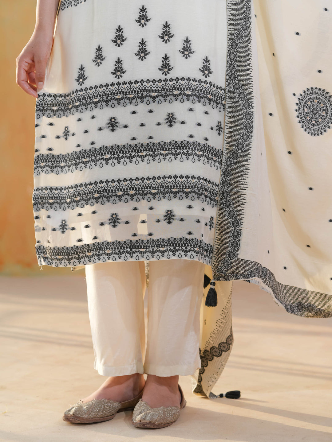 White & Black Geometric Premium Cotton Suit Set