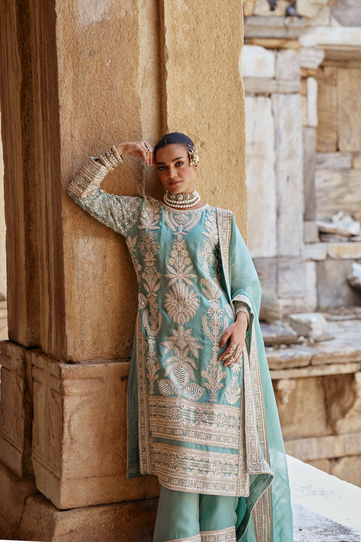 Sage Green Zari Embroidered Festive Suit Set