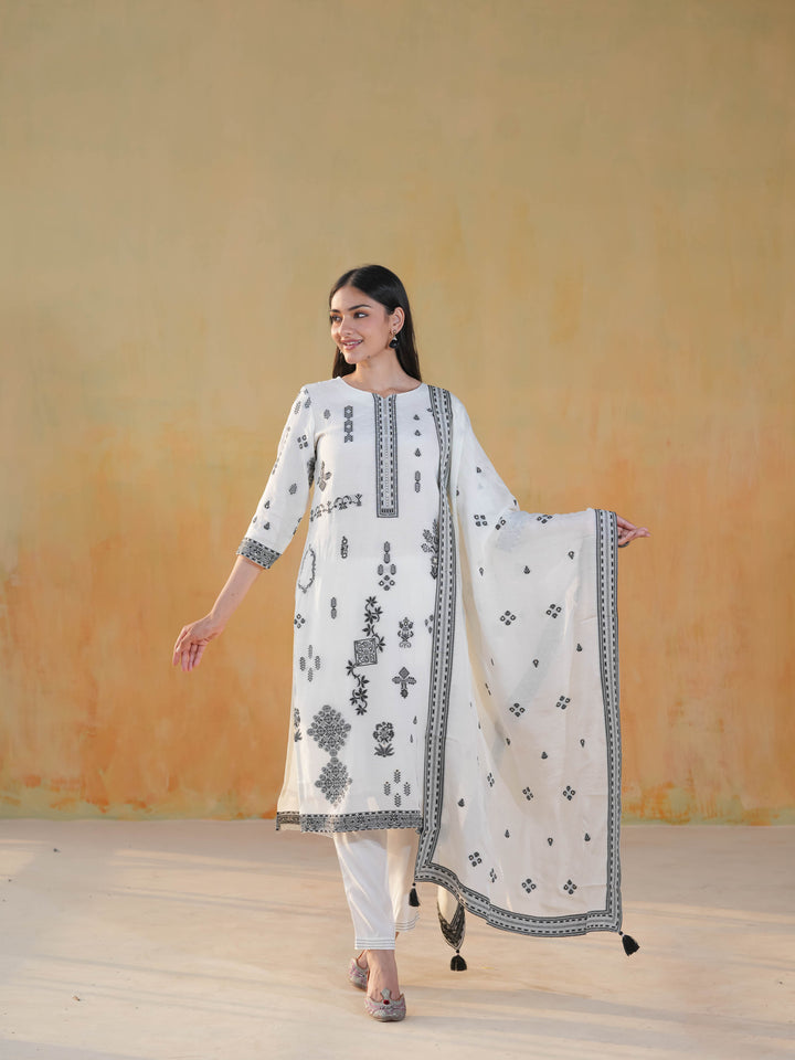 Ivory Ethnic Motif Premium Cotton Suit  Set