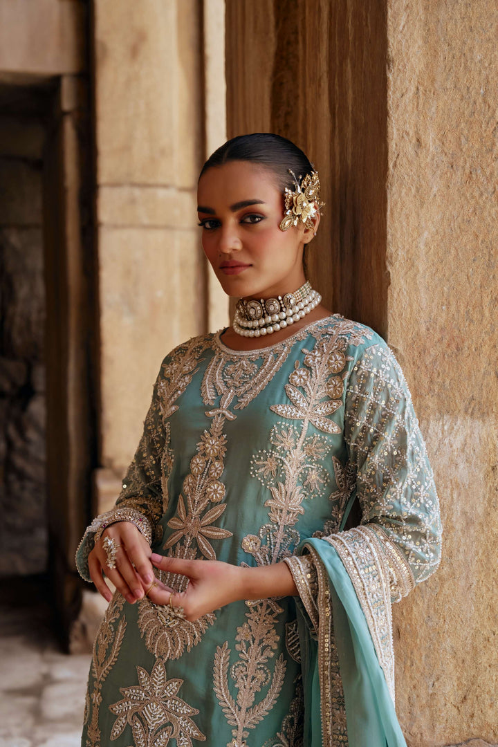 Sage Green Zari Embroidered Festive Suit Set