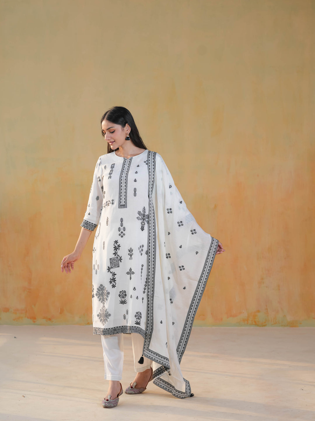Ivory Ethnic Motif Premium Cotton Suit  Set
