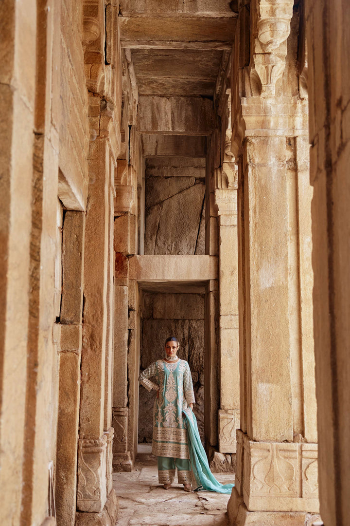 Sage Green Zari Embroidered Festive Suit Set