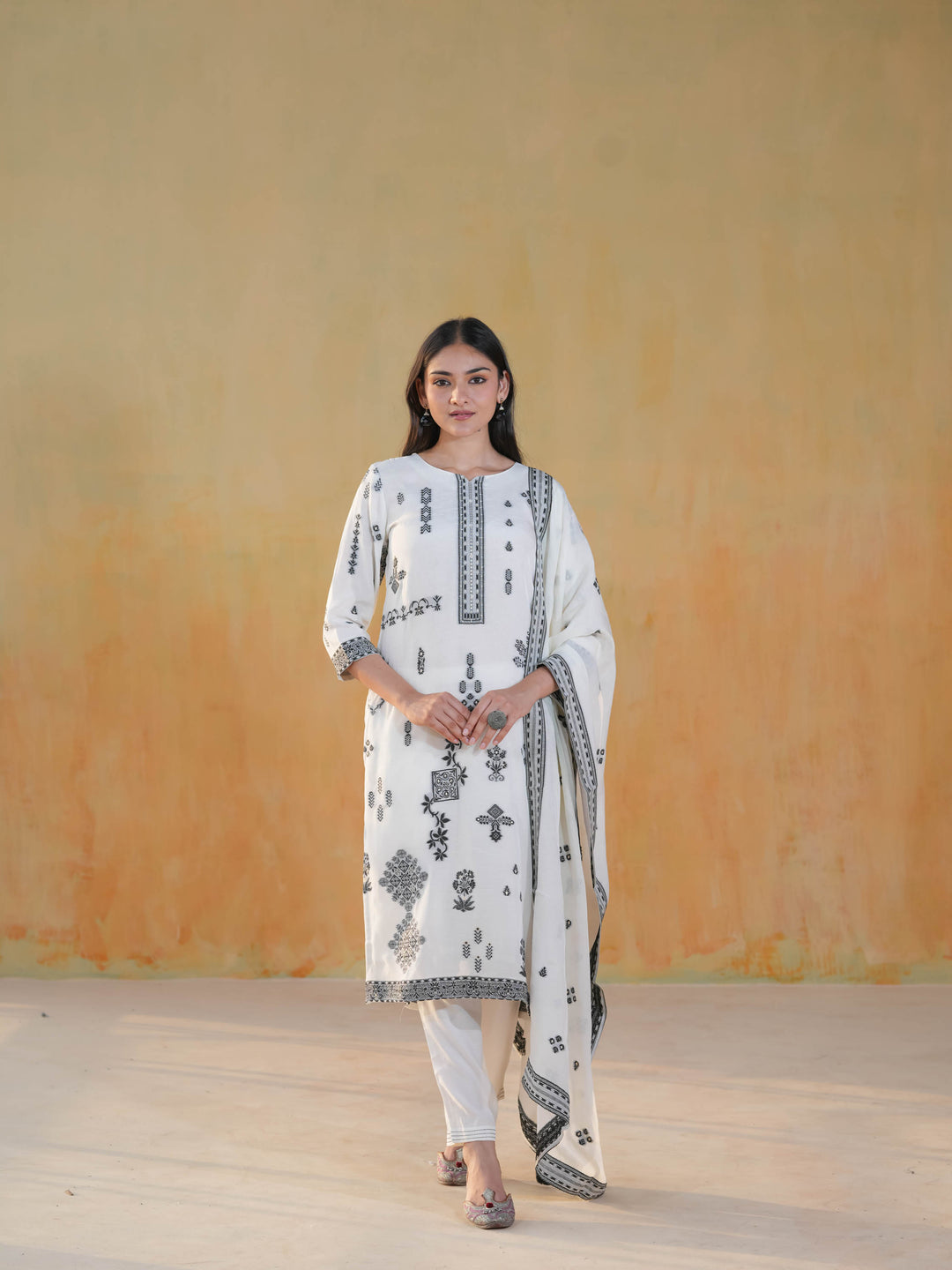 Ivory Ethnic Motif Premium Cotton Suit  Set