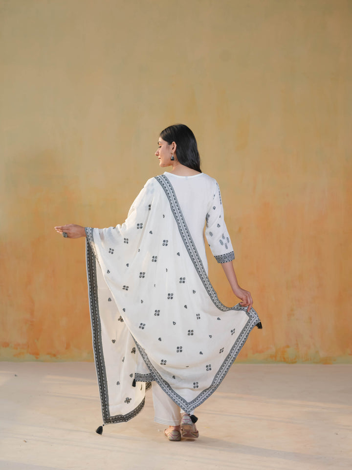 Ivory Ethnic Motif Premium Cotton Suit  Set