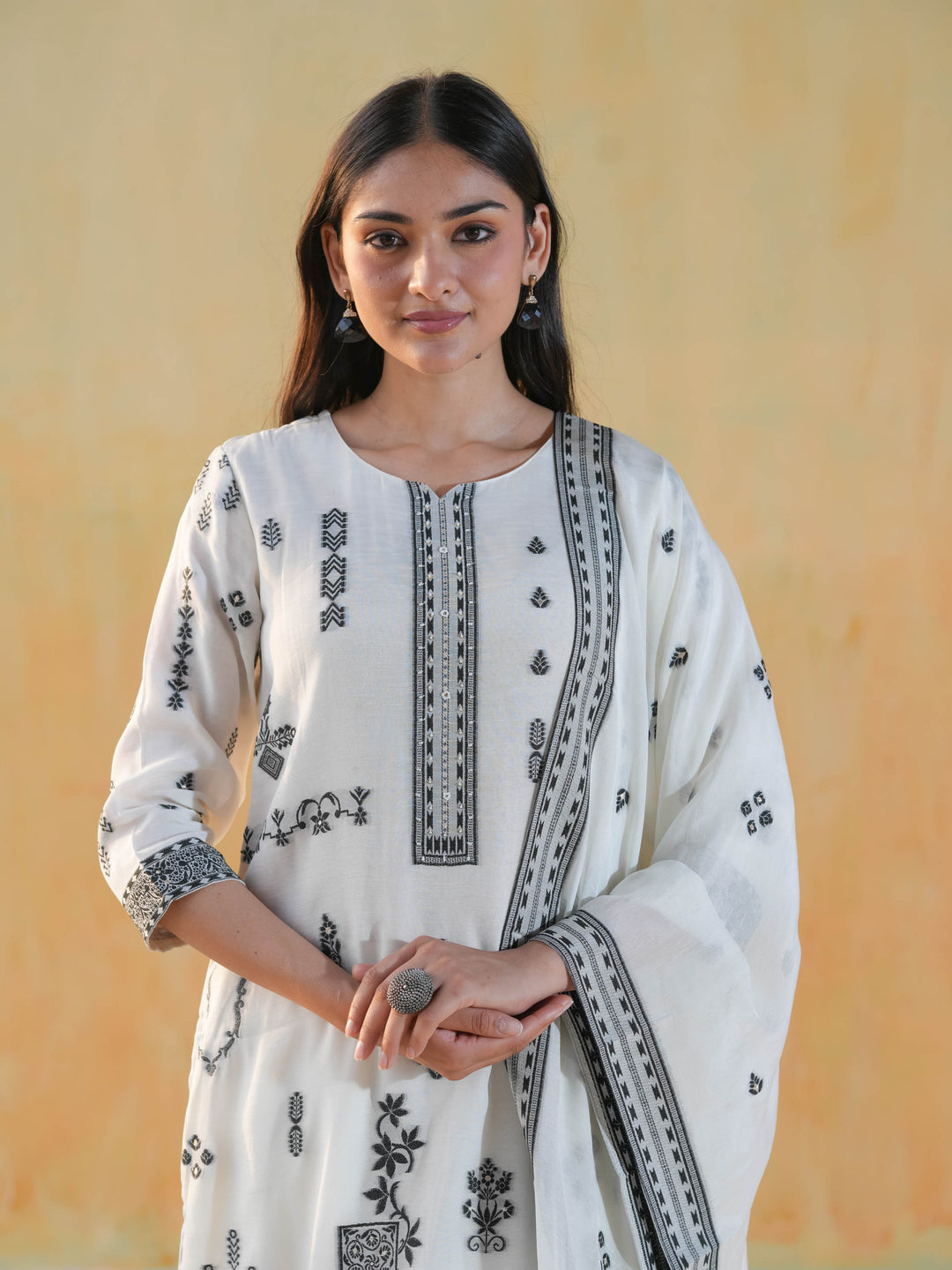 Ivory Ethnic Motif Premium Cotton Suit  Set